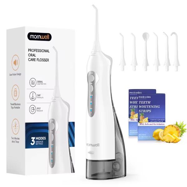 Mornwell Rechargeable Cordless Water Flosser with Teeth Whitening Strips